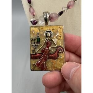 Glamour Girl Statement Pendant W/ Beaded Necklace Lady At Winery READ DETAILS